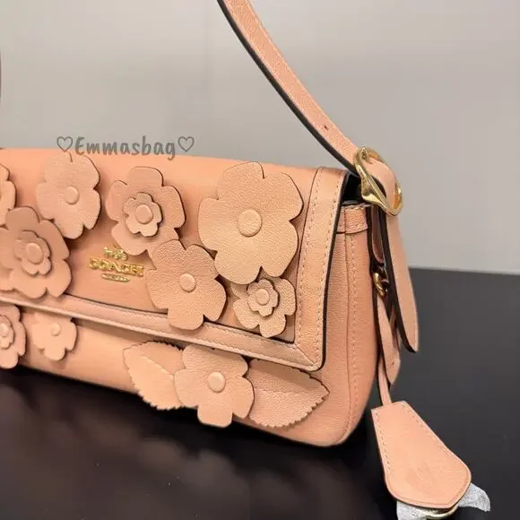 Coach Etta Small Flap Shoulder Bag With Floral Applique CDY43 Gold/Light Pink - Picture 3 of 7